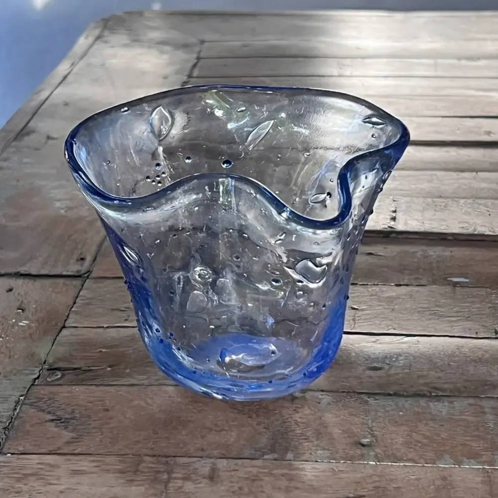 Art Glass Vase Clear Blue Ruffle Bubbled Handkerchief 3.7